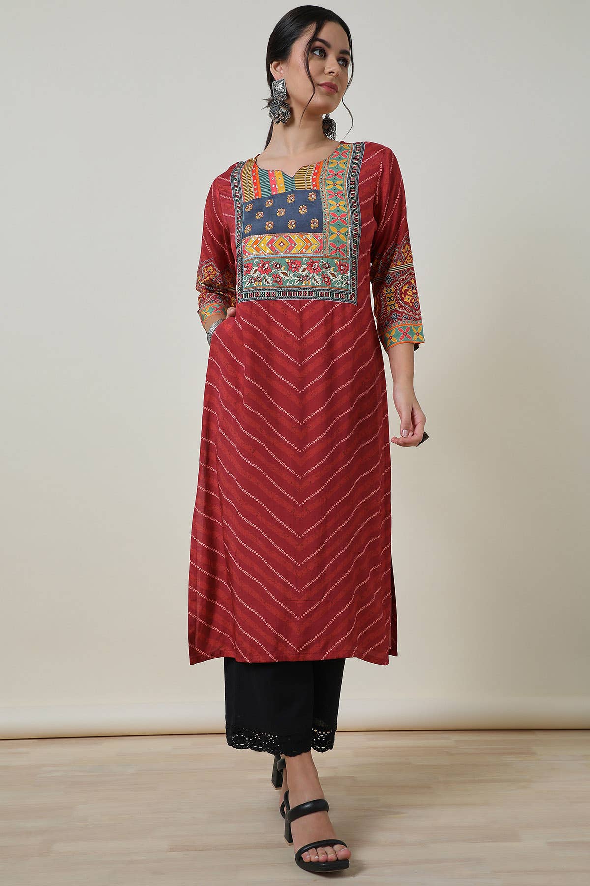Brick Red Viscose Muslin Bandhani Print Kurta - Image 5