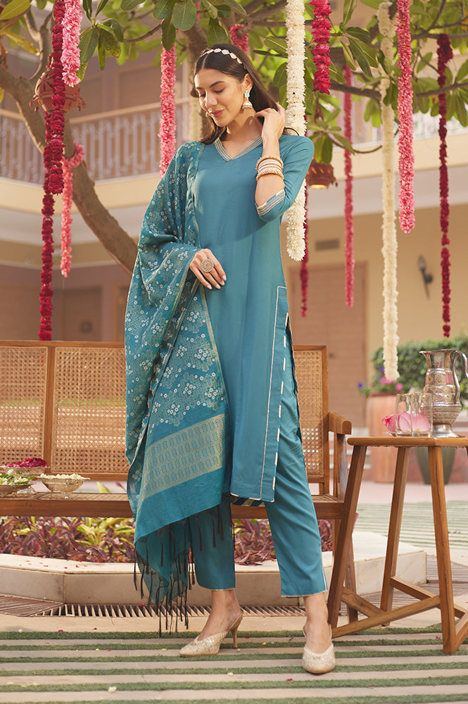 Blue Embellished Kurta, Pants And Jacquard Dupatta Set - Image 5