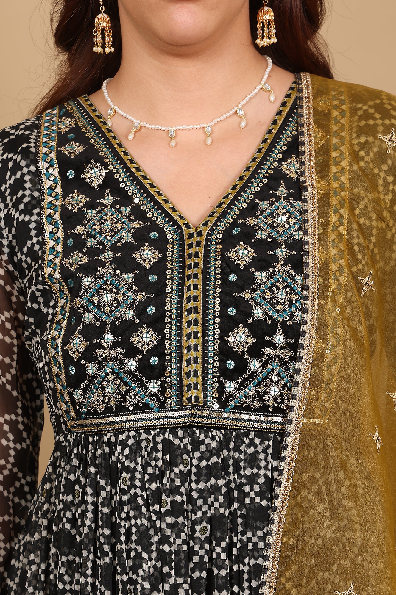 Black Printed Gathered Chiffon Kurta With Embroidery, Churidar And Dupatta Set - Image 3