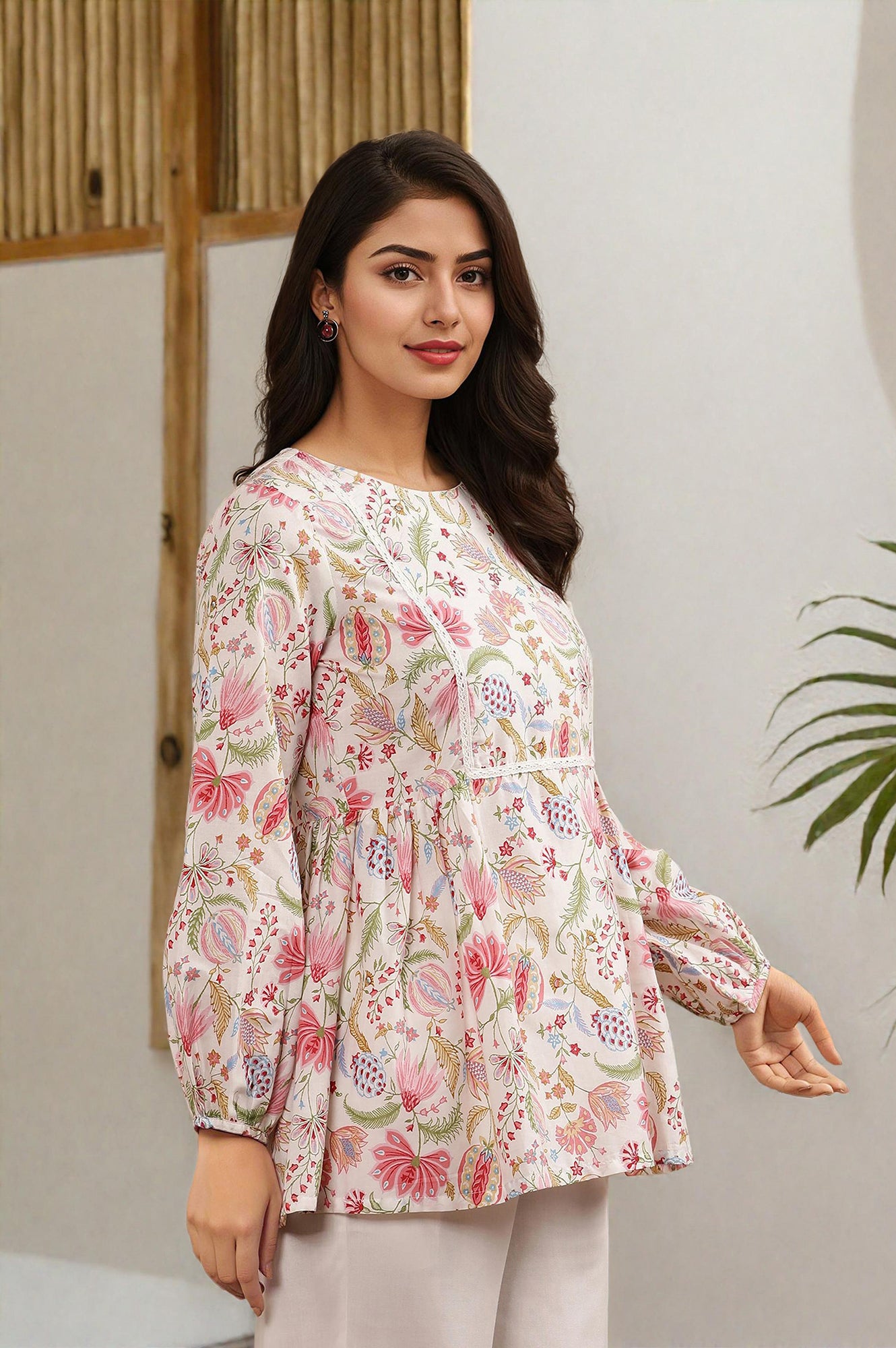 White Floral Printed Pure Cotton Top And Parallel Pants Set - Image 10