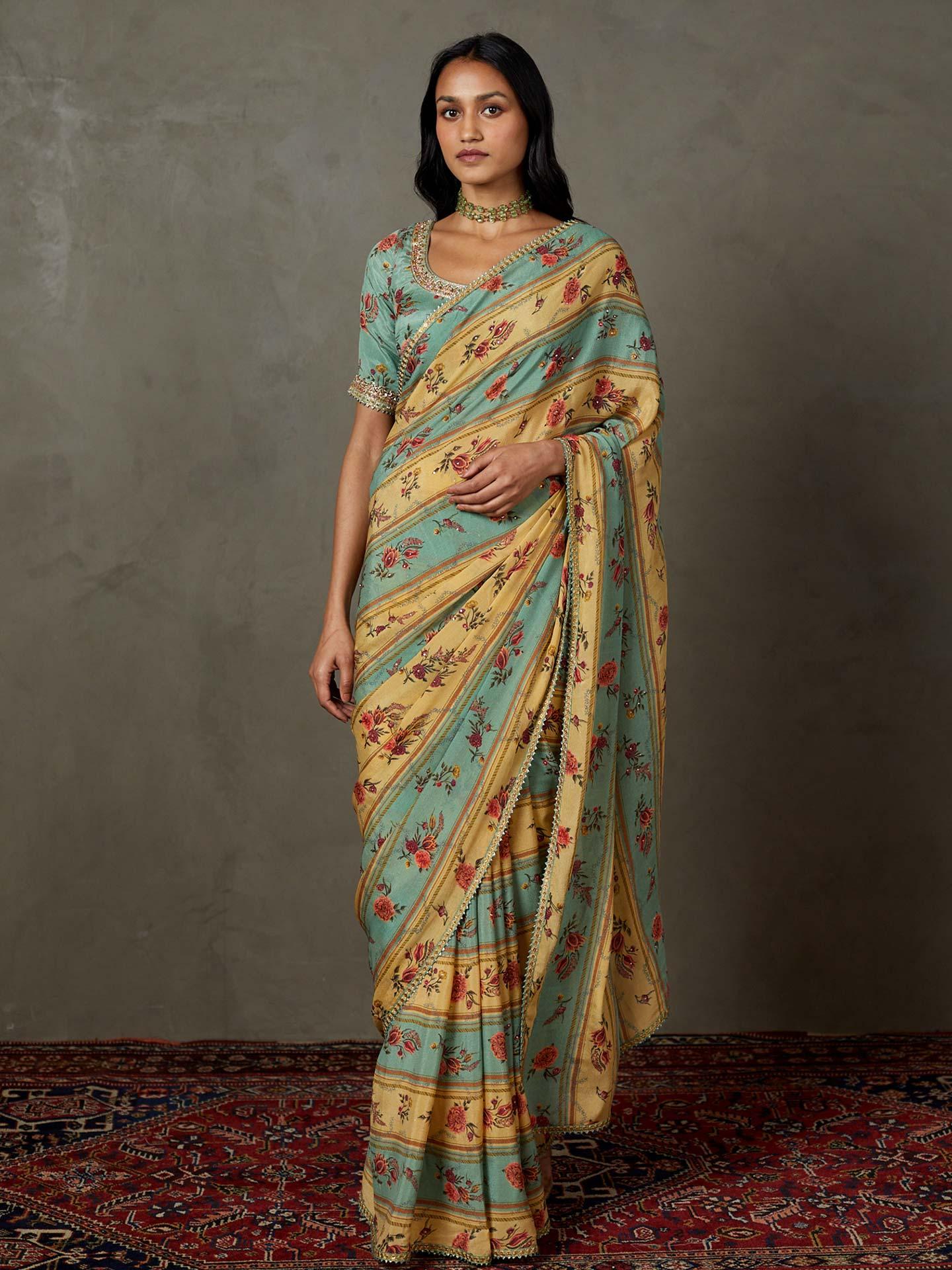 Light Teal Dahlia Saree With Unstitched Blouse