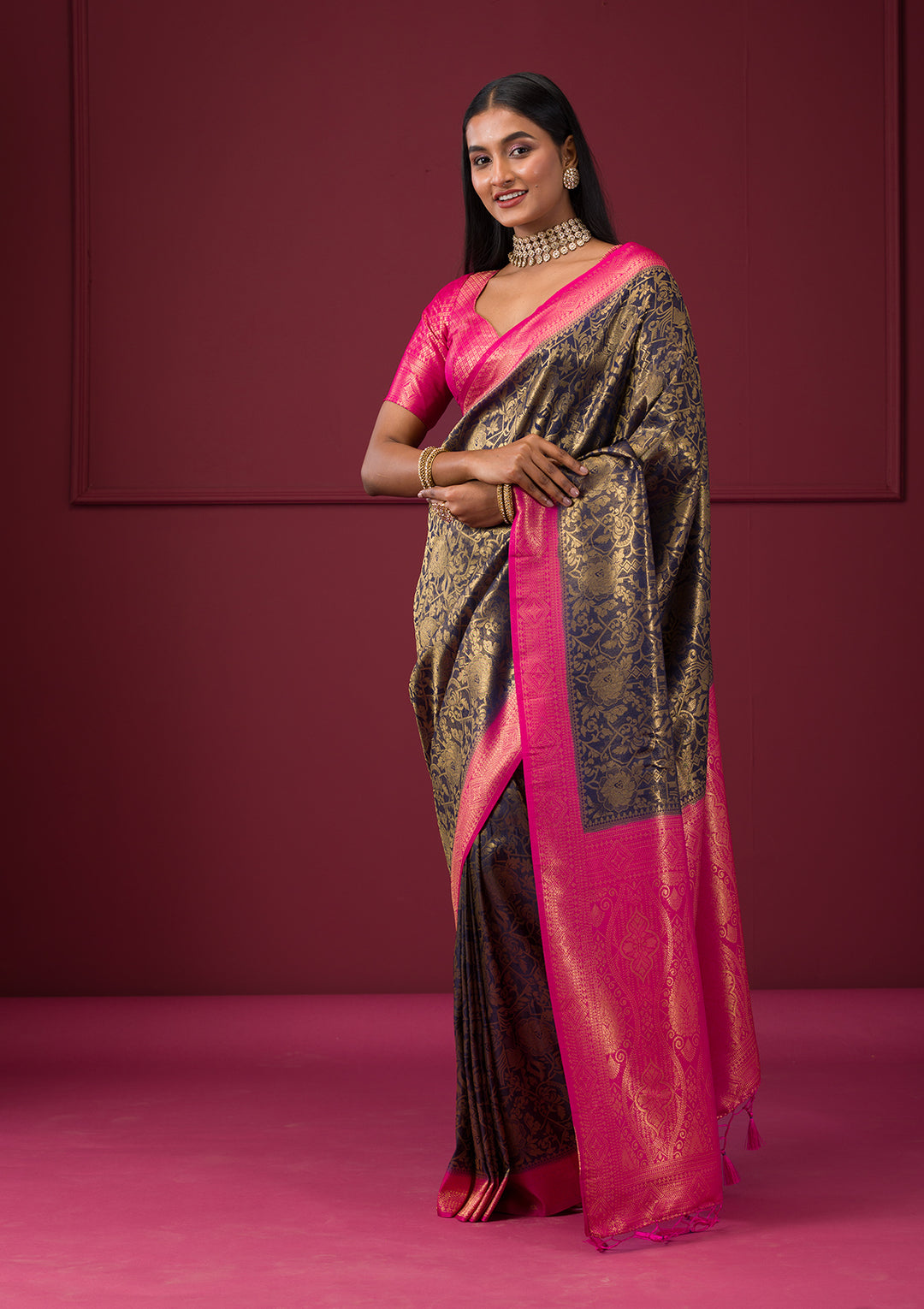 Navy Blue Zariwork Soft Silk Saree - Image 4