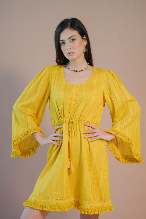 Oshin 100% Cotton Tie-Up Waist Bell Sleeve Dress - Image 2