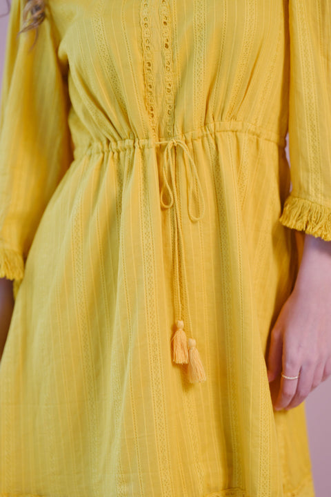 Oshin 100% Cotton Tie-Up Waist Bell Sleeve Dress - Image 5